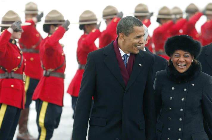 U.S. President Barack Obama talks with Canadian Governor General Michaelle Jean after arriving in Ottawa